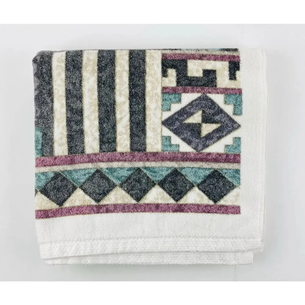 Vintage 1990s Springs Bath Towel USA Teal Geometric Vaporwave Memphis Design Dec